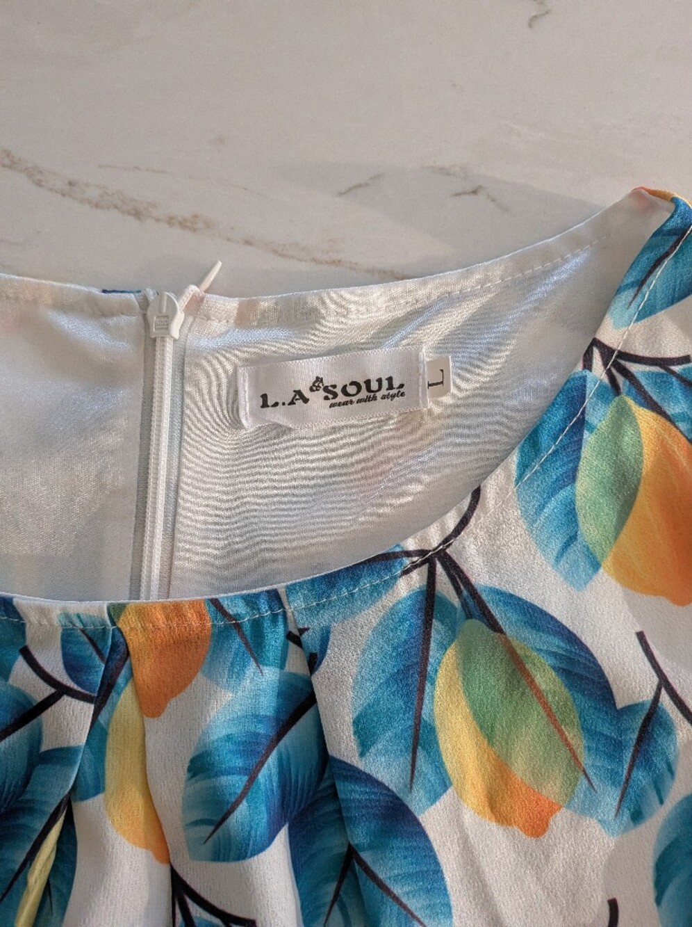 L.A. Soul Lemon Print Sleeveless Fit & Flare Dress Blue Yellow Size L - Picture 4 of 8